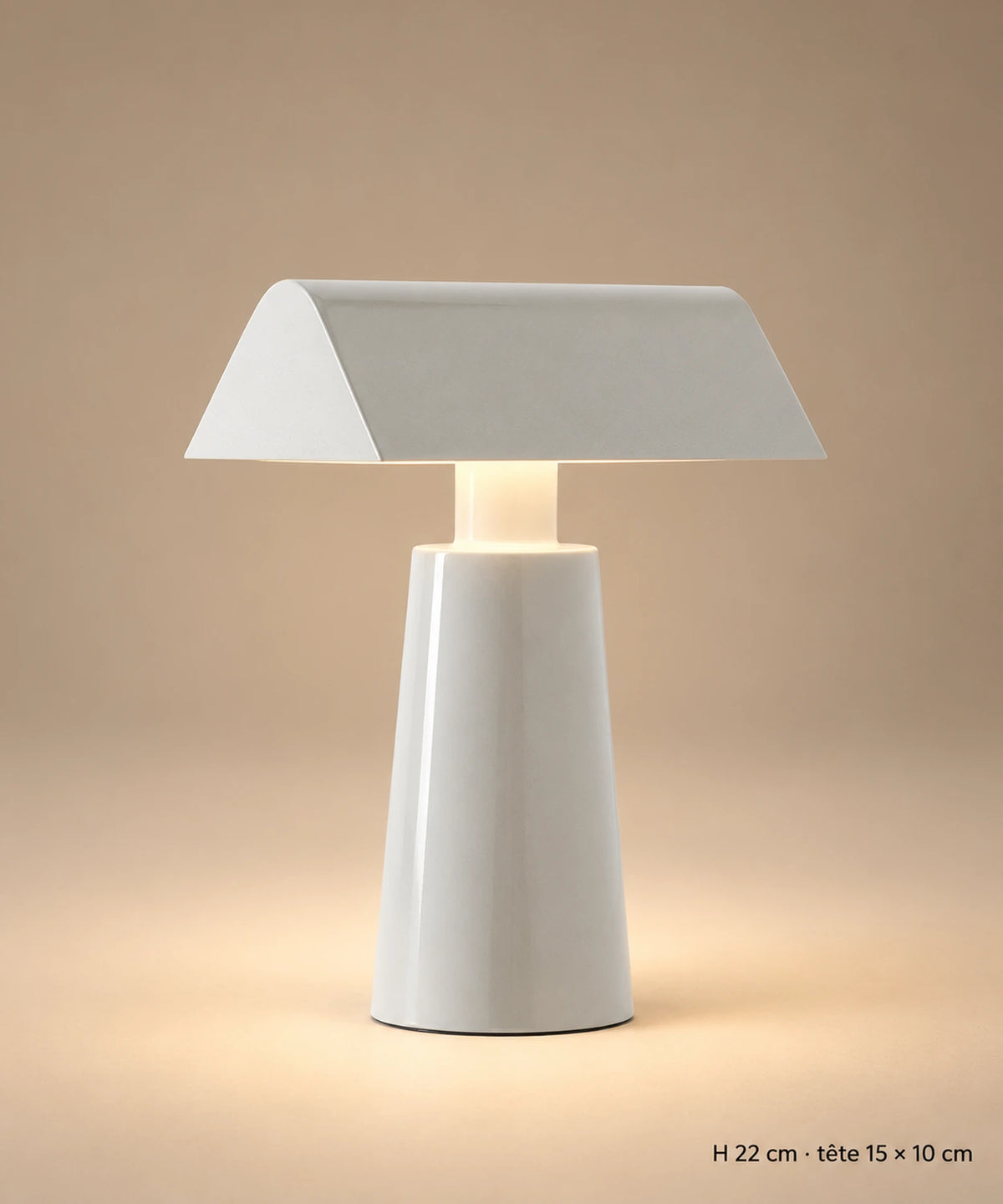 Lampe de table en métal gris clair sur fond brun-beige, avec hauteur de 22 cm et tête de 15 × 10 cm