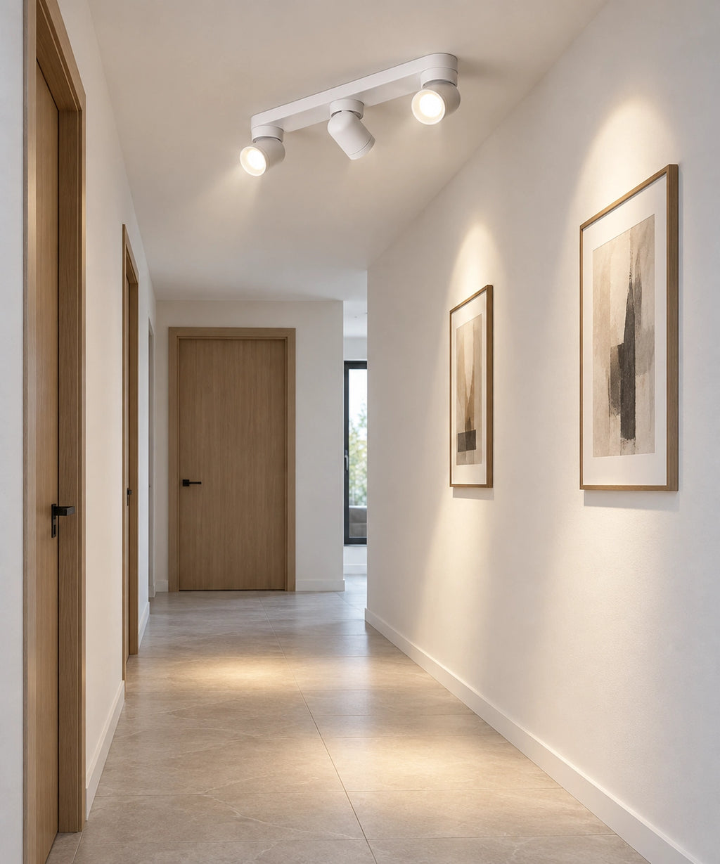 Plafonnier blanc à trois spots orientables dans un couloir aux murs clairs