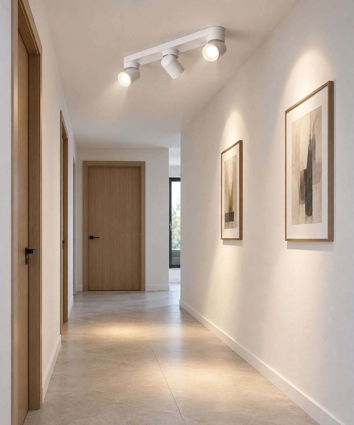 Plafonnier blanc à trois spots orientables dans un couloir aux murs clairs