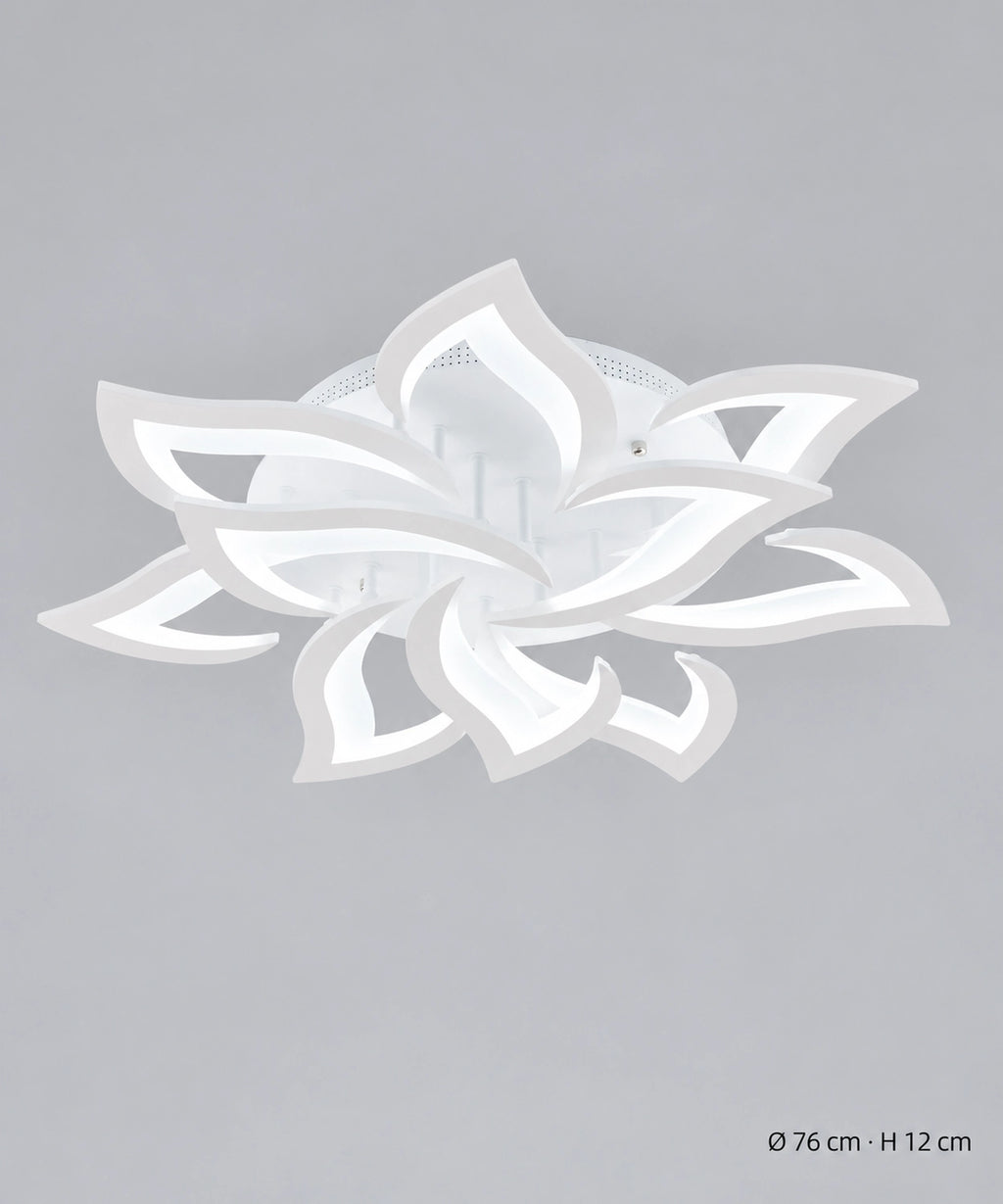 Plafonnier lotus blanc à 10 pétales, dimensions indiquées de 76 cm de diamètre et 12 cm de hauteur