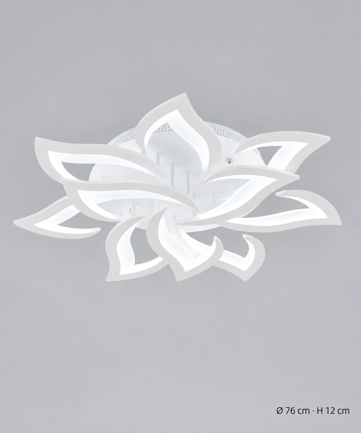 Plafonnier lotus blanc à 10 pétales, dimensions indiquées de 76 cm de diamètre et 12 cm de hauteur
