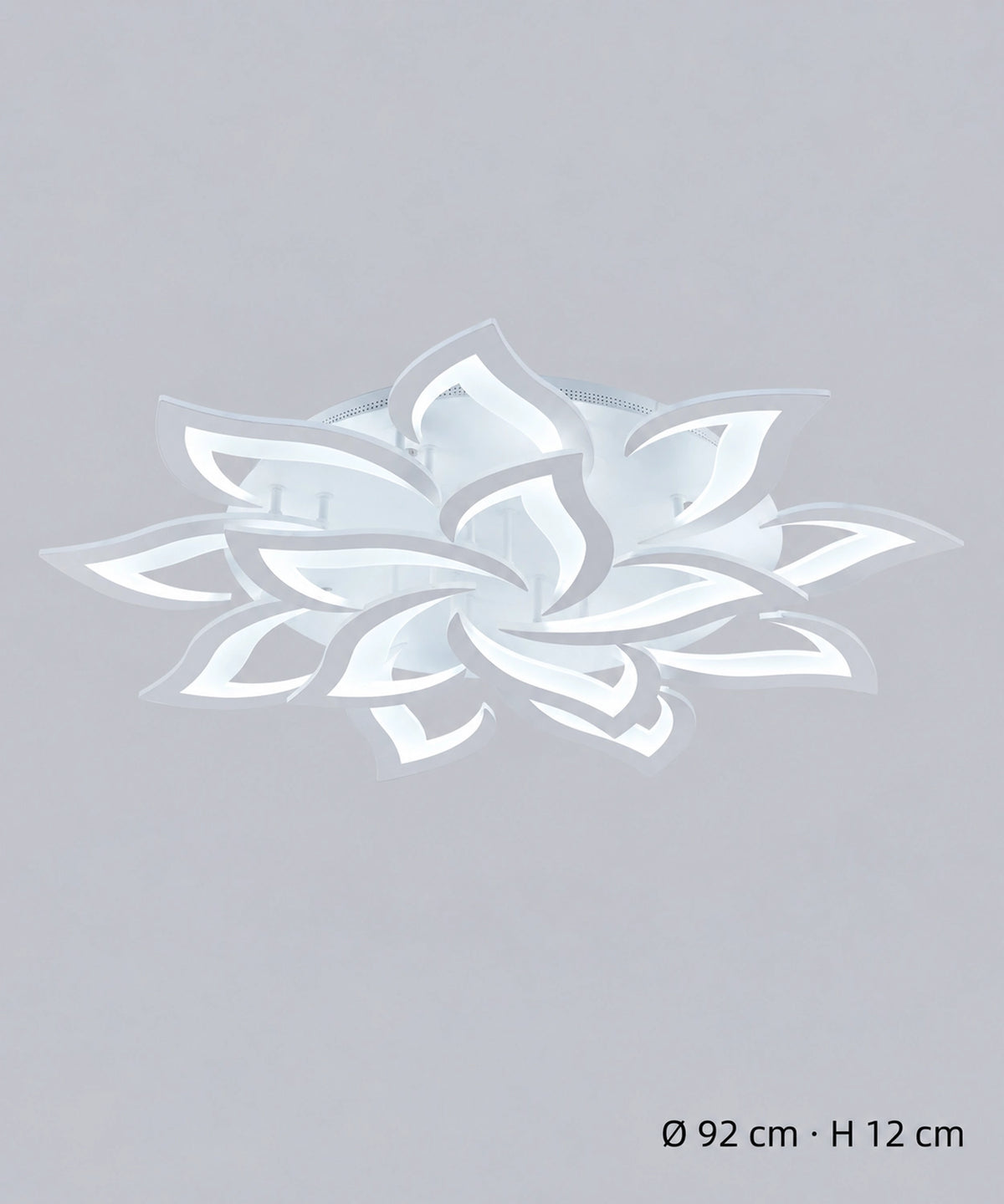 Plafonnier lotus blanc à 14 pétales, dimensions indiquées de 92 cm de diamètre et 12 cm de hauteur