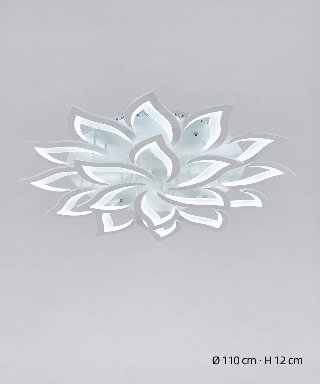 Plafonnier lotus blanc à 18 pétales, dimensions indiquées de 110 cm de diamètre et 12 cm de hauteur