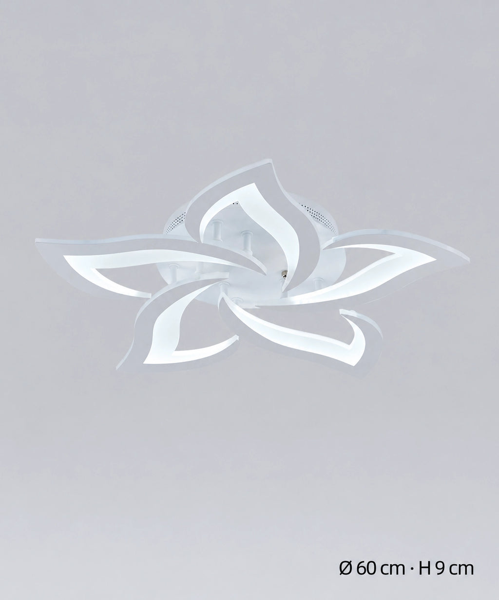Plafonnier lotus blanc à 5 pétales, dimensions indiquées de 60 cm de diamètre et 9 cm de hauteur