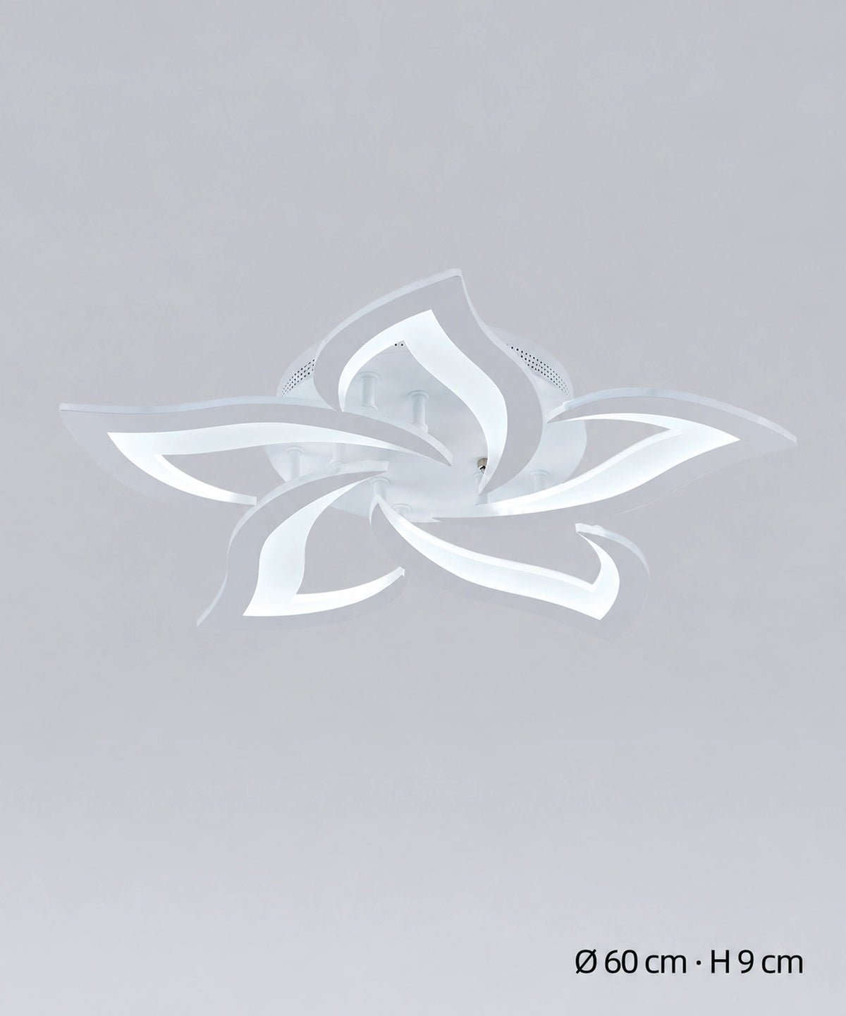Plafonnier lotus blanc à 5 pétales, dimensions indiquées de 60 cm de diamètre et 9 cm de hauteur