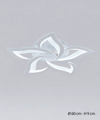 Plafonnier lotus blanc à 5 pétales, dimensions indiquées de 60 cm de diamètre et 9 cm de hauteur
