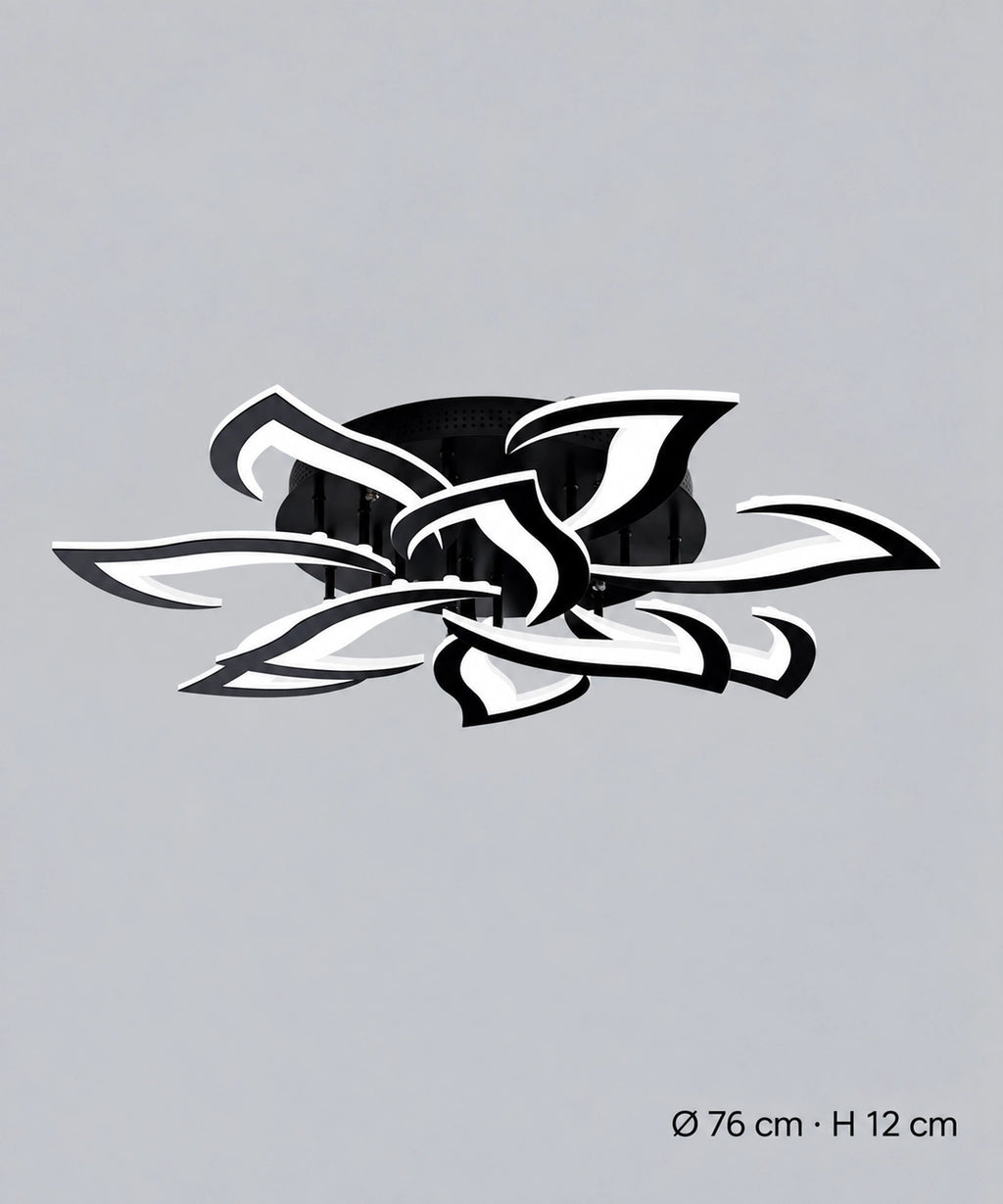Plafonnier lotus noir à 10 pétales, dimensions indiquées de 76 cm de diamètre et 12 cm de hauteur