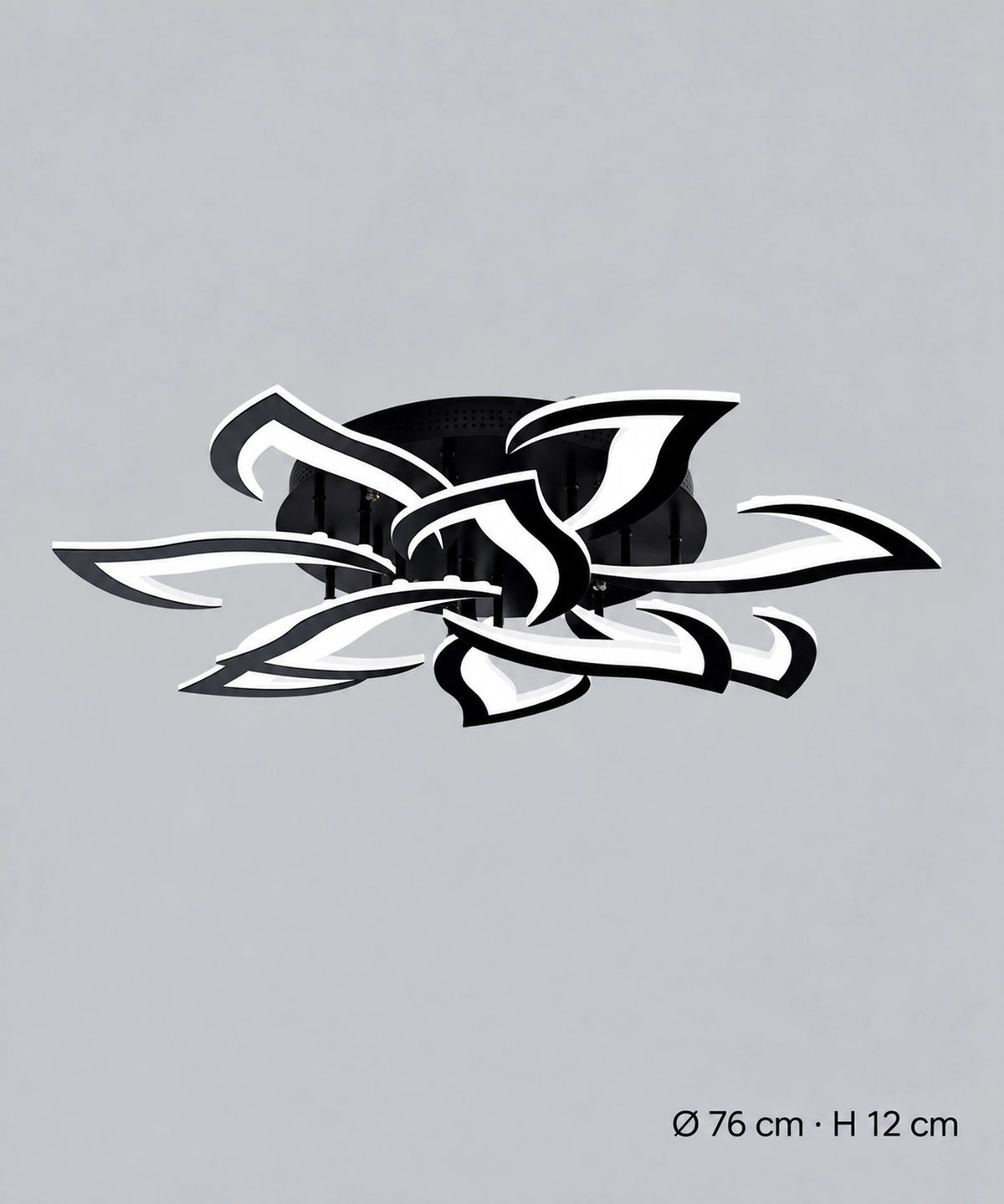 Plafonnier lotus noir à 10 pétales, dimensions indiquées de 76 cm de diamètre et 12 cm de hauteur