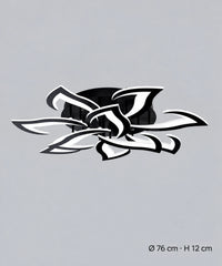 Plafonnier lotus noir à 10 pétales, dimensions indiquées de 76 cm de diamètre et 12 cm de hauteur