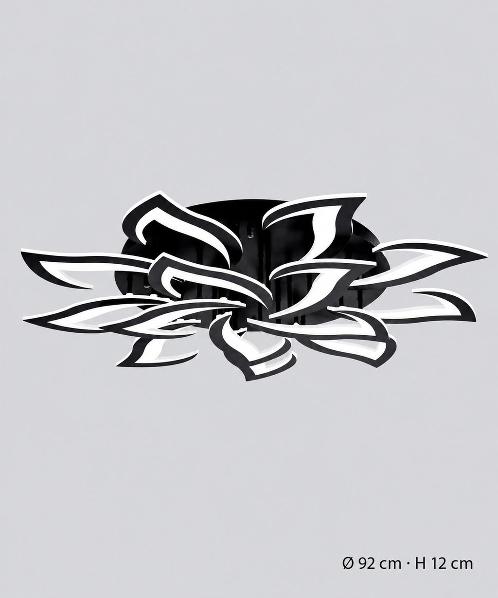 Plafonnier lotus noir à 14 pétales, dimensions indiquées de 92 cm de diamètre et 12 cm de hauteur