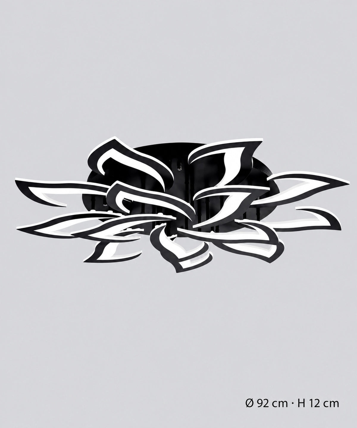 Plafonnier lotus noir à 14 pétales, dimensions indiquées de 92 cm de diamètre et 12 cm de hauteur