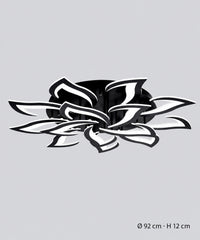 Plafonnier lotus noir à 14 pétales, dimensions indiquées de 92 cm de diamètre et 12 cm de hauteur