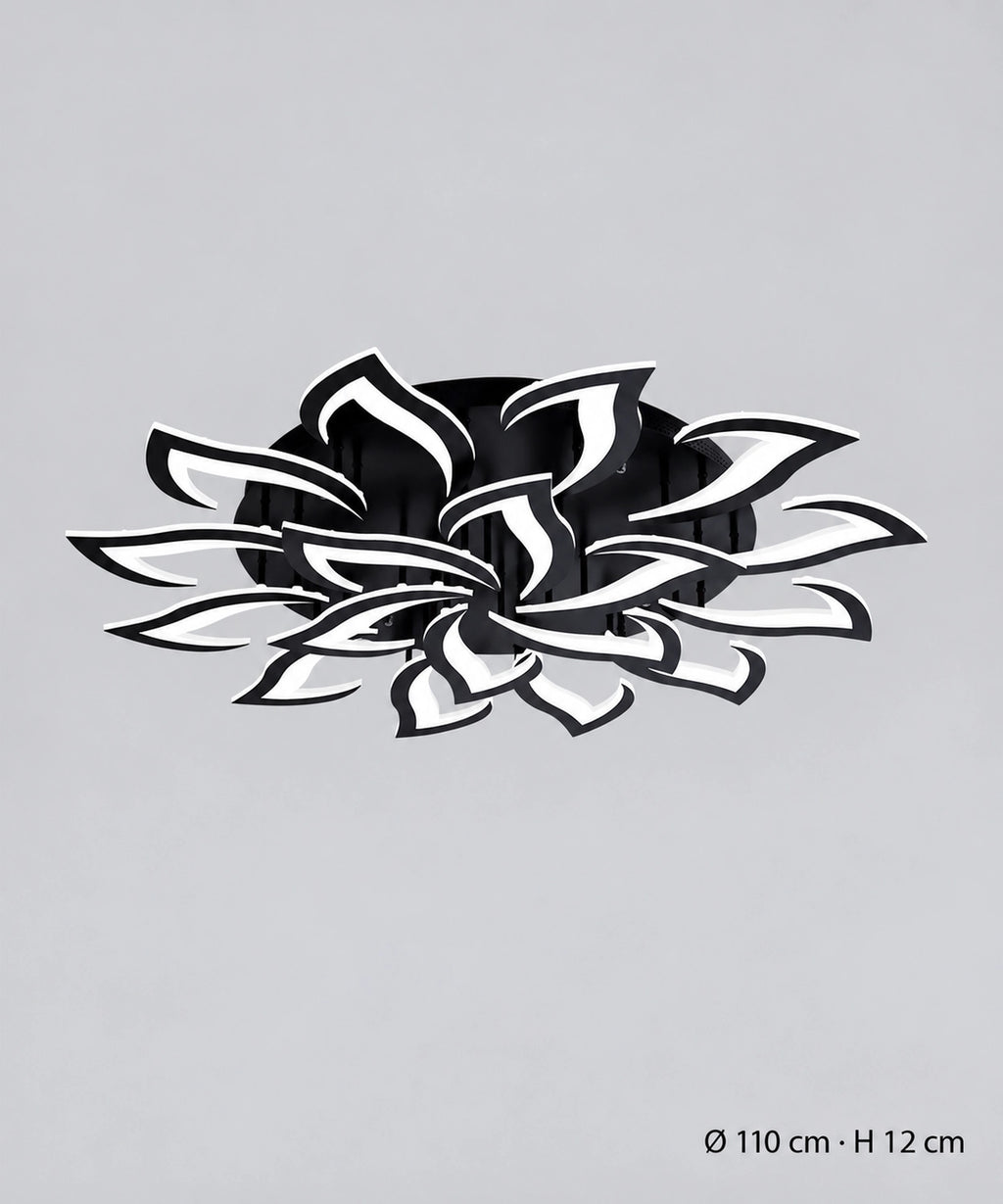 Plafonnier lotus noir à 18 pétales, dimensions indiquées de 110 cm de diamètre et 12 cm de hauteur