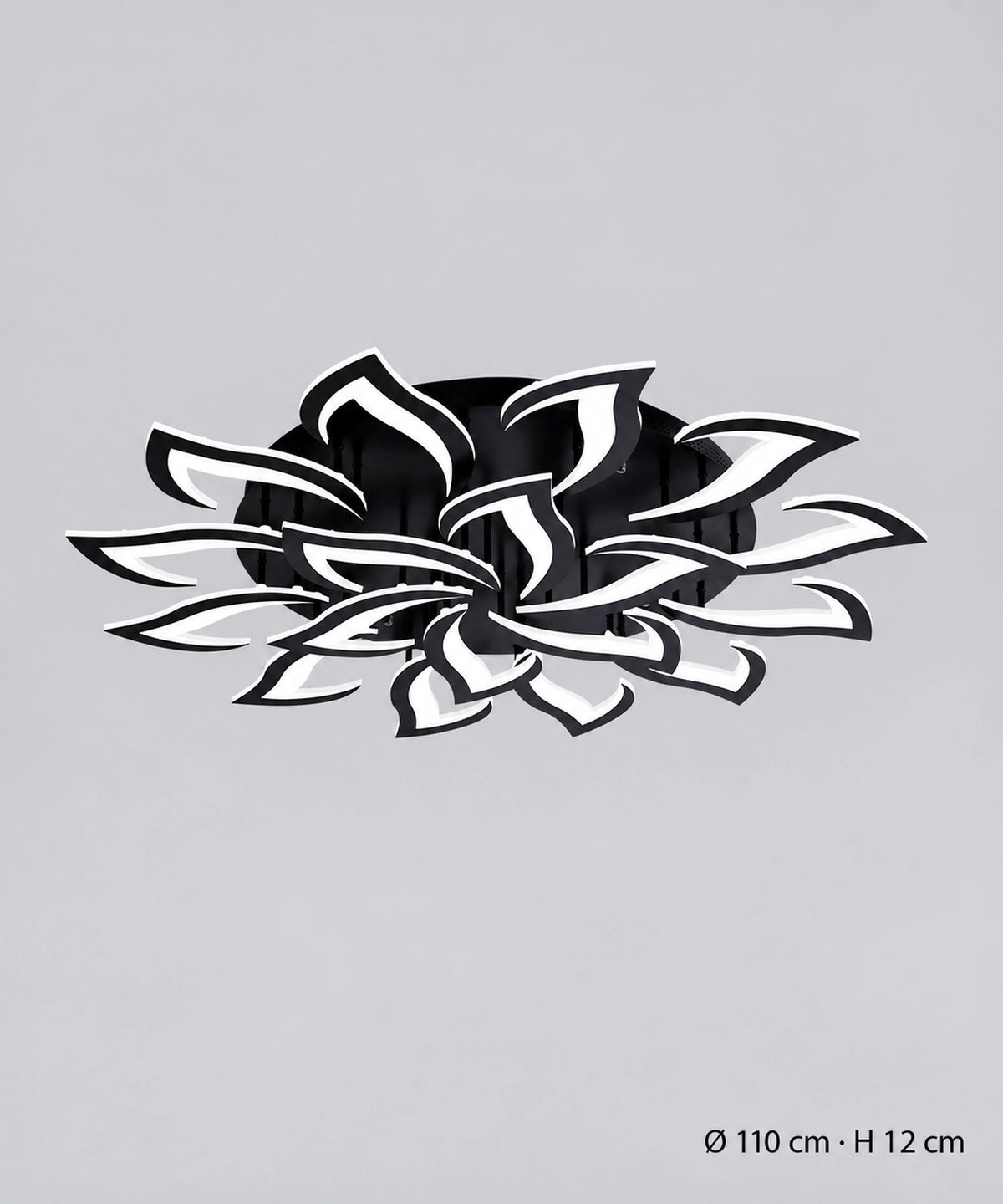 Plafonnier lotus noir à 18 pétales, dimensions indiquées de 110 cm de diamètre et 12 cm de hauteur