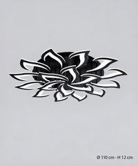Plafonnier lotus noir à 18 pétales, dimensions indiquées de 110 cm de diamètre et 12 cm de hauteur