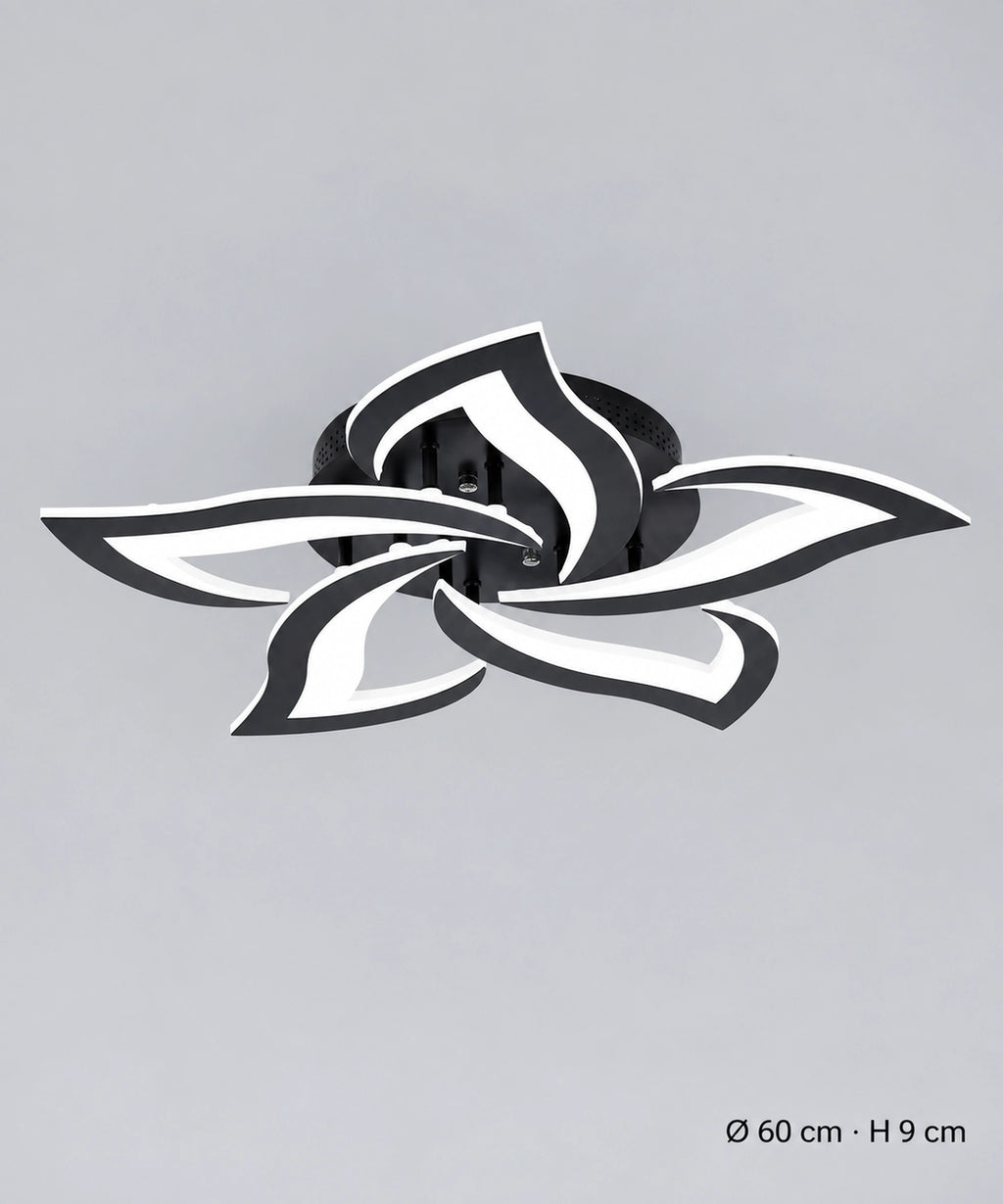 Plafonnier lotus noir à 5 pétales, dimensions indiquées de 60 cm de diamètre et 9 cm de hauteur