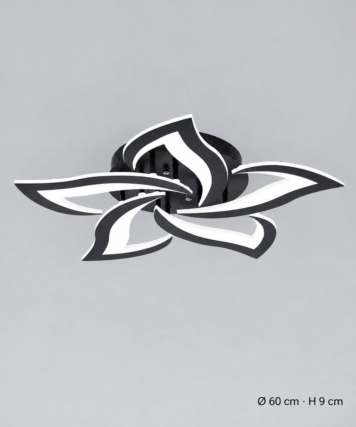 Plafonnier lotus noir à 5 pétales, dimensions indiquées de 60 cm de diamètre et 9 cm de hauteur