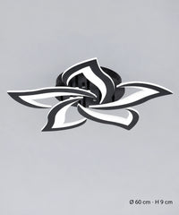Plafonnier lotus noir à 5 pétales, dimensions indiquées de 60 cm de diamètre et 9 cm de hauteur