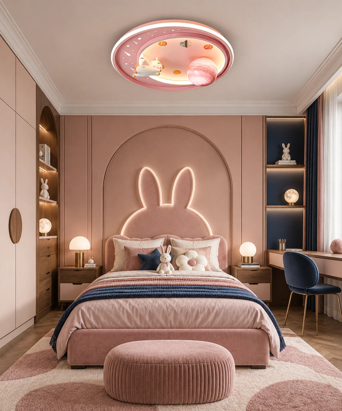 Plafonnier rose à licorne dans une chambre à tête de lit lapin