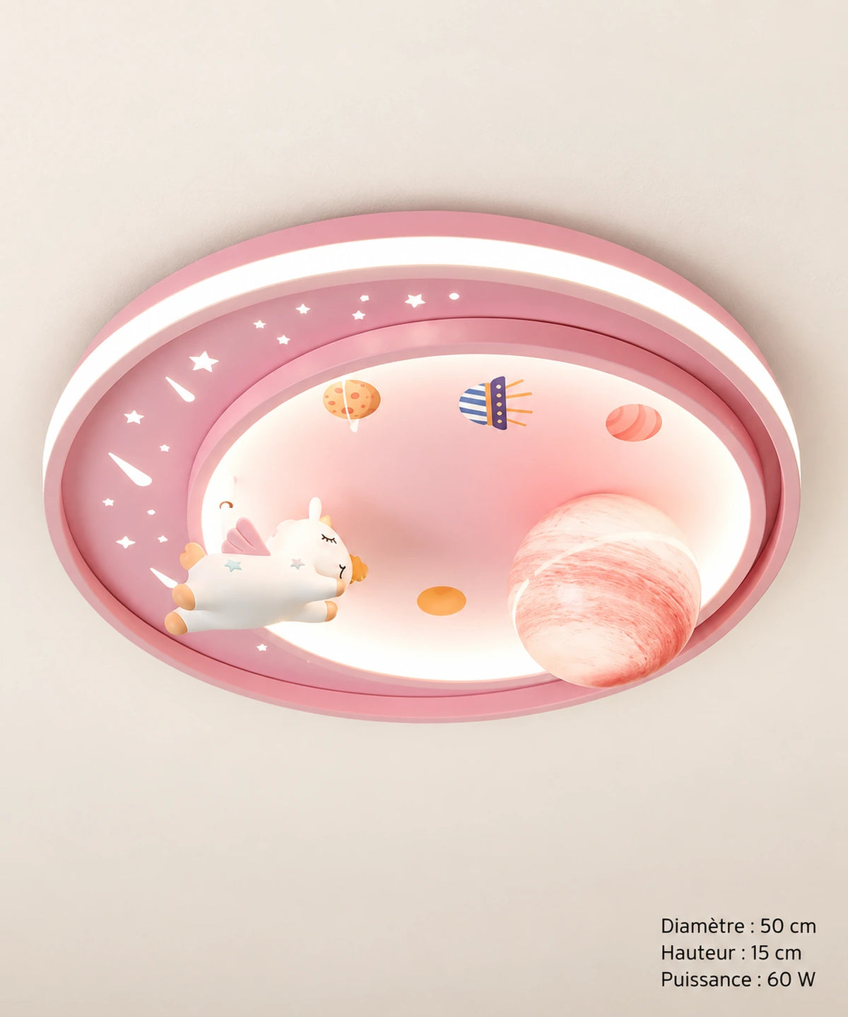 Plafonnier licorne rose, diamètre 50 cm et hauteur 15 cm