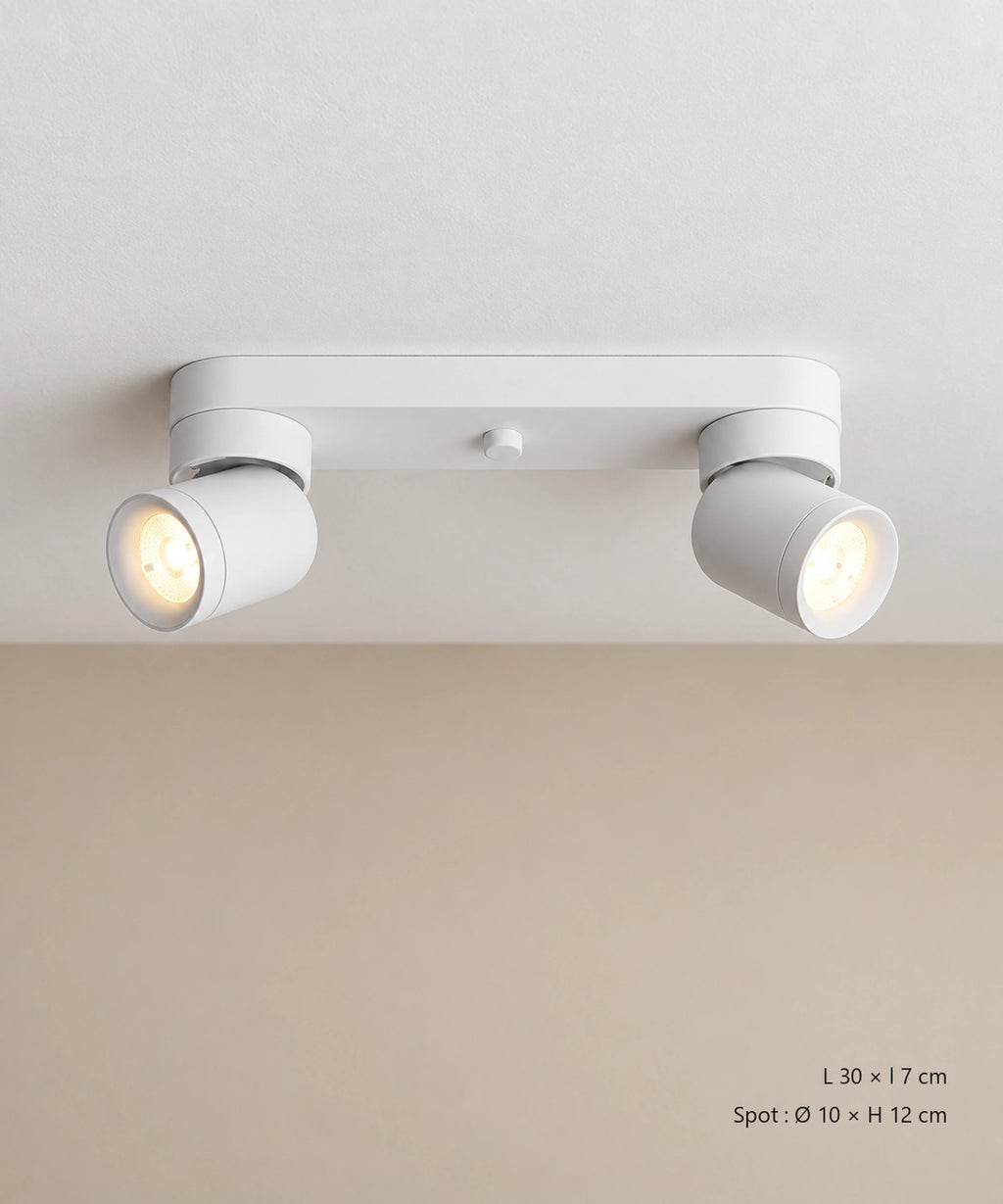 Version blanche à deux spots cylindriques inclinés sur une platine allongée