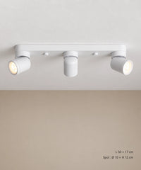 Plafonnier blanc à trois têtes cylindriques sur une platine de 50 cm