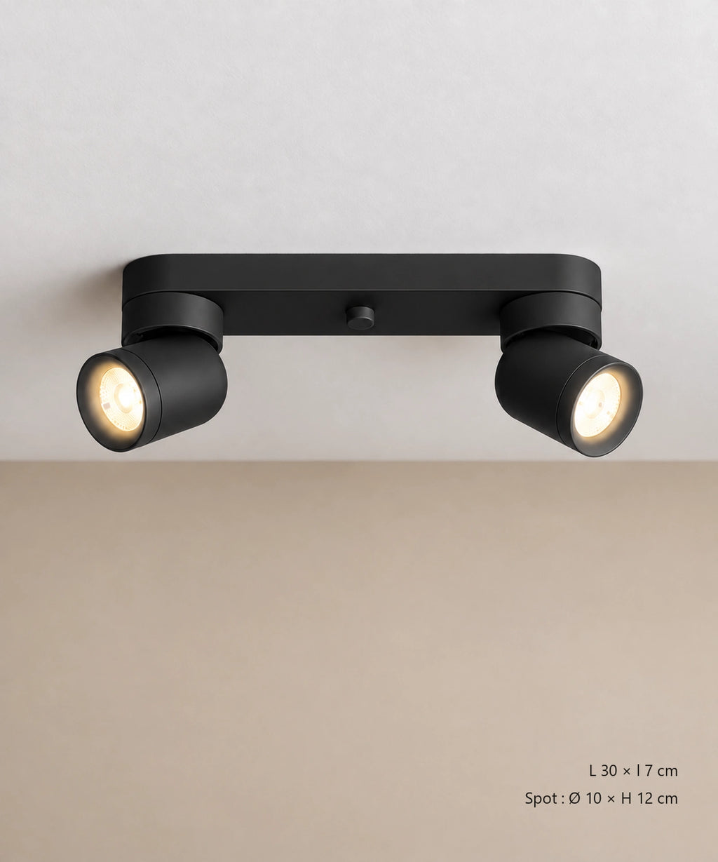 Version noire à deux spots orientables, présentée de face au plafond