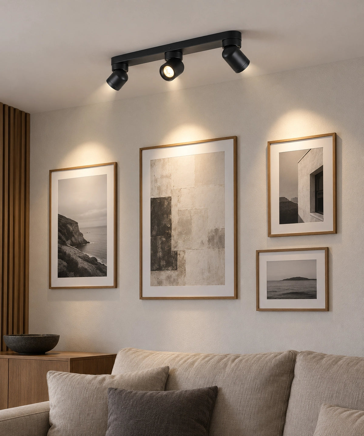 Trois spots noirs installés au plafond au-dessus des tableaux d’un salon