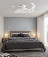 Plafonnier ventilateur blanc éteint dans une chambre claire