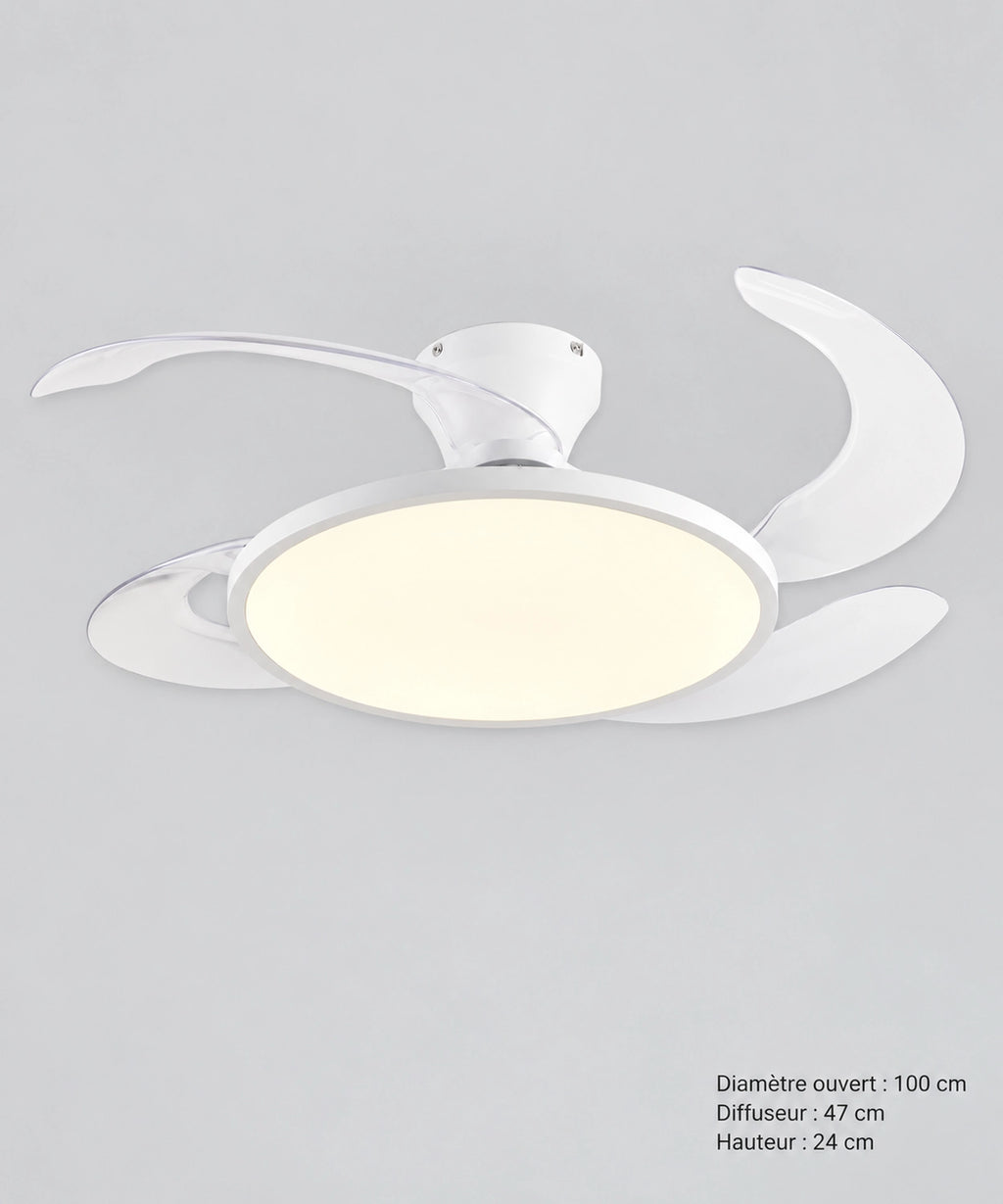 Dimensions du plafonnier ventilateur : disque de 47 cm, envergure de 100 cm et hauteur de 24 cm