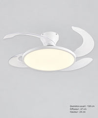 Dimensions du plafonnier ventilateur : disque de 47 cm, envergure de 100 cm et hauteur de 24 cm