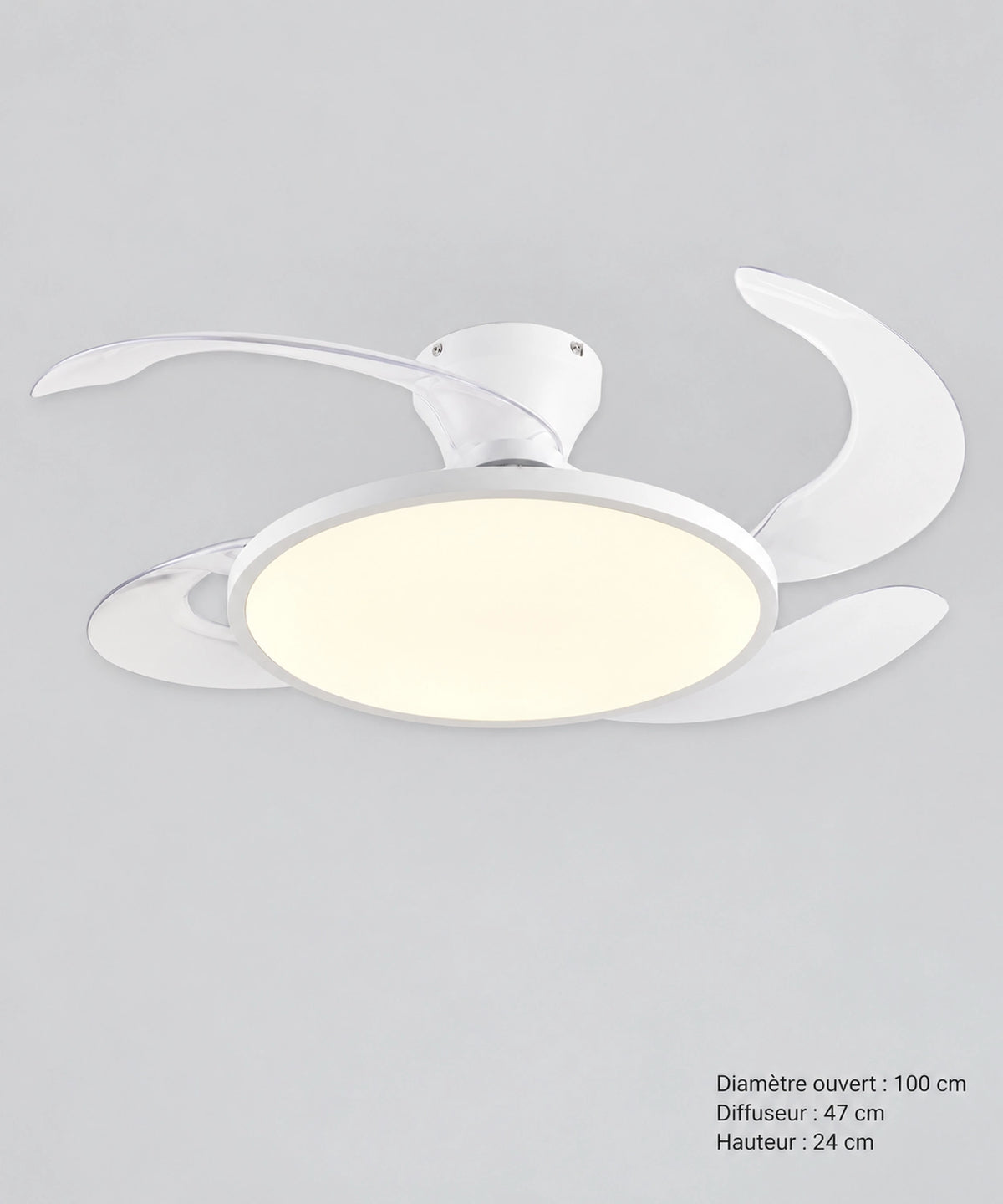Dimensions du plafonnier ventilateur : disque de 47 cm, envergure de 100 cm et hauteur de 24 cm