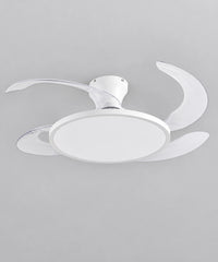 Vue du plafonnier ventilateur blanc à quatre pales translucides