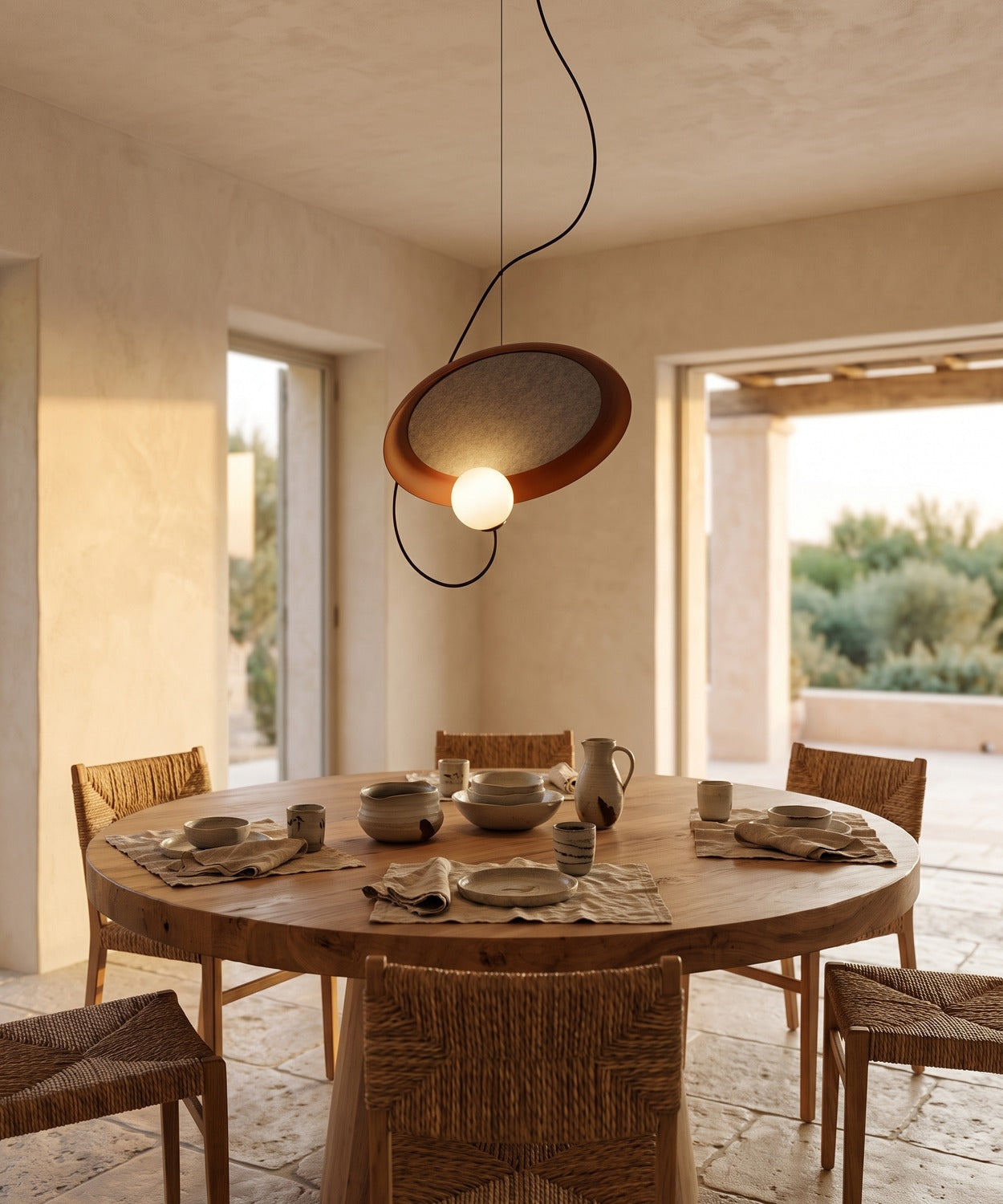 Suspension à disque terracotta allumée au-dessus d'une table à manger en bois brut