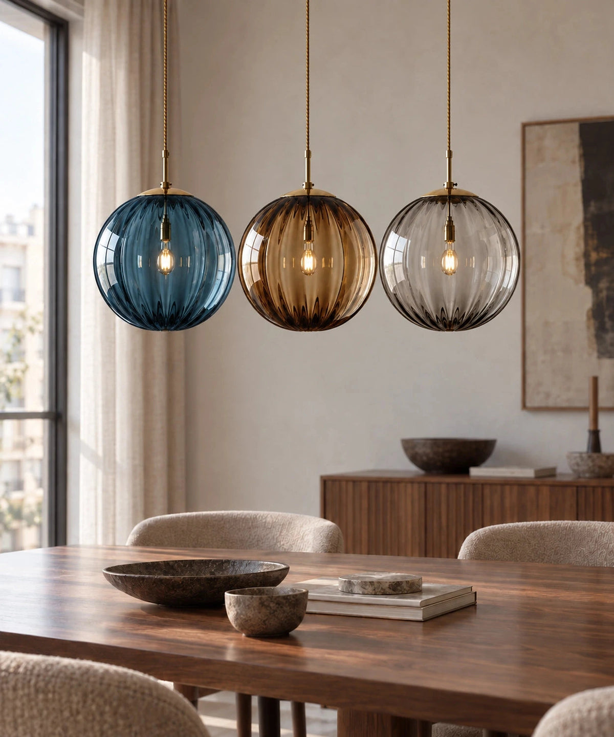 Trois suspensions boules en verre bleu, ambré et fumé au-dessus d’une table