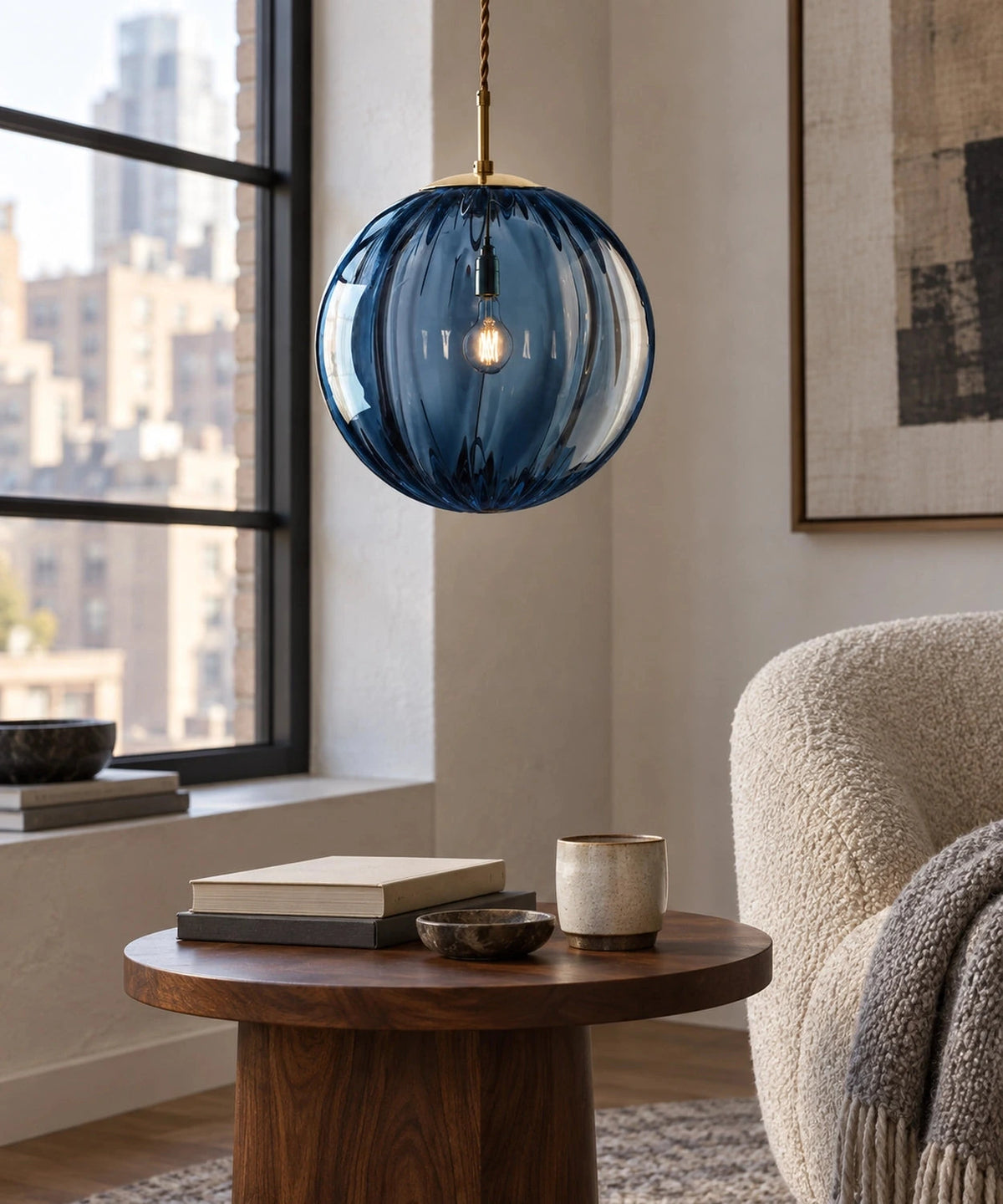 Suspension boule en verre bleu côtelé au-dessus d’une table d’appoint