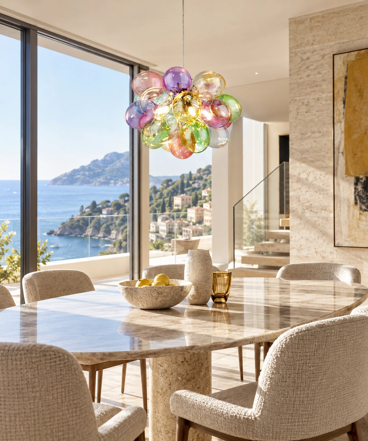 Suspension à 24 bulles en verre multicolore au-dessus d’une table face à la mer