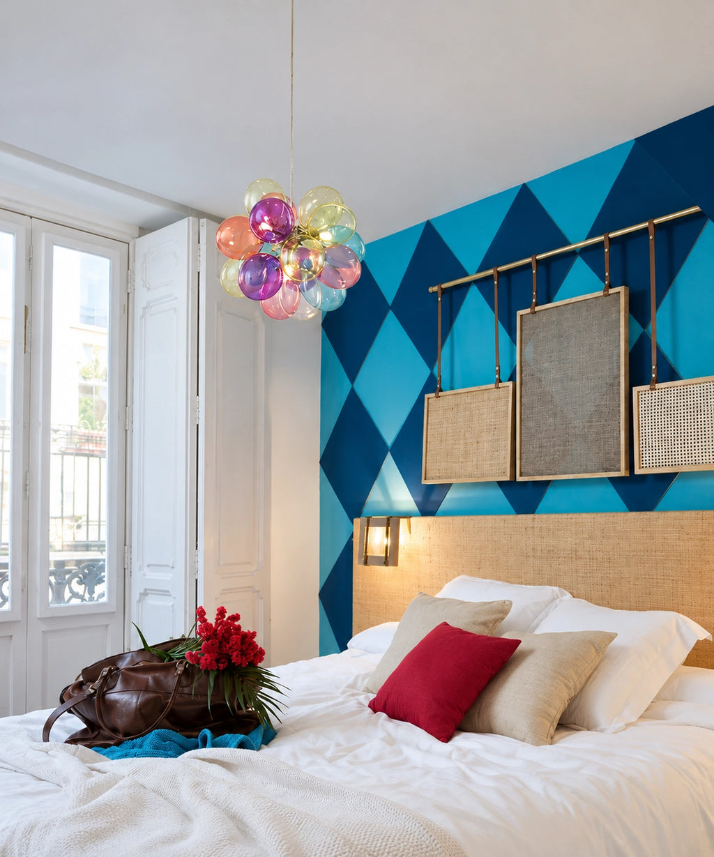 Suspension à bulles de verre coloré, modèle 17 bulles dans une chambre adulte