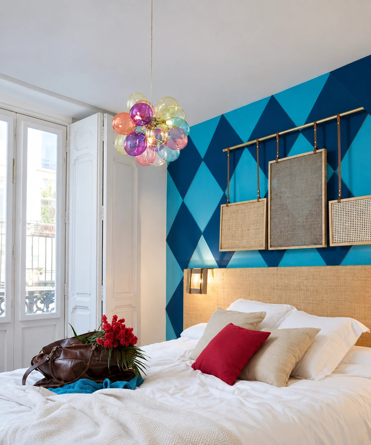 Suspension à bulles de verre coloré, modèle 17 bulles dans une chambre adulte