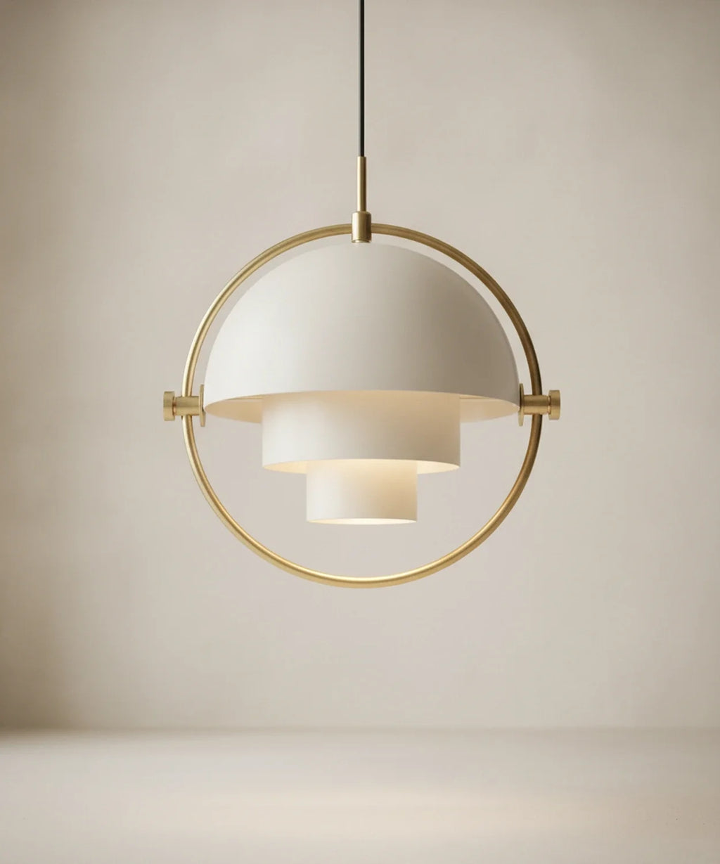 Suspension demi sphère orientable finition blanche, calotte relevée, anneau laiton