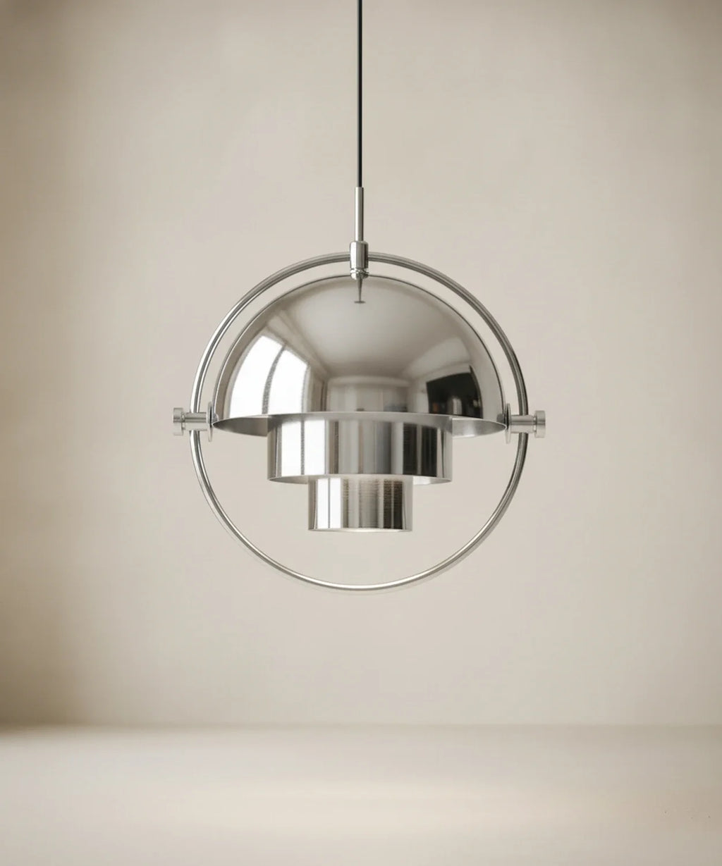 Suspension demi sphère orientable finition chrome poli, calotte relevée, anneau laiton