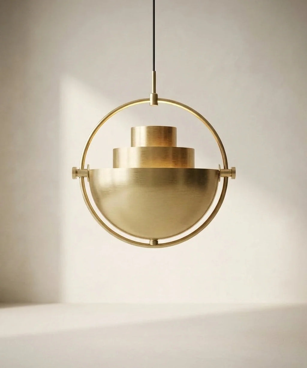 Suspension demi sphere orientable, calotte retournee en bol, diffuseur etage au-dessus