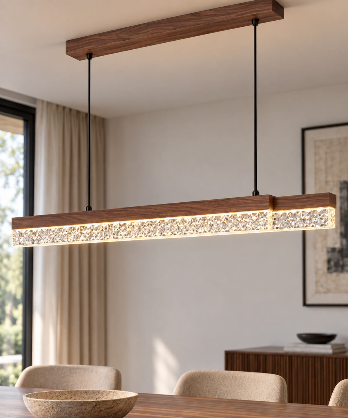 Vue rapprochée d’une suspension marron aspect bois avec diffuseur en acrylique texturé allumé