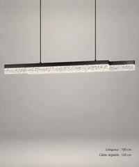 Suspension linéaire noire de face, allumée, avec longueur et hauteur de câble indiquées