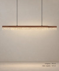 Suspension linéaire marron aspect bois de face, avec dimensions inscrites en bas