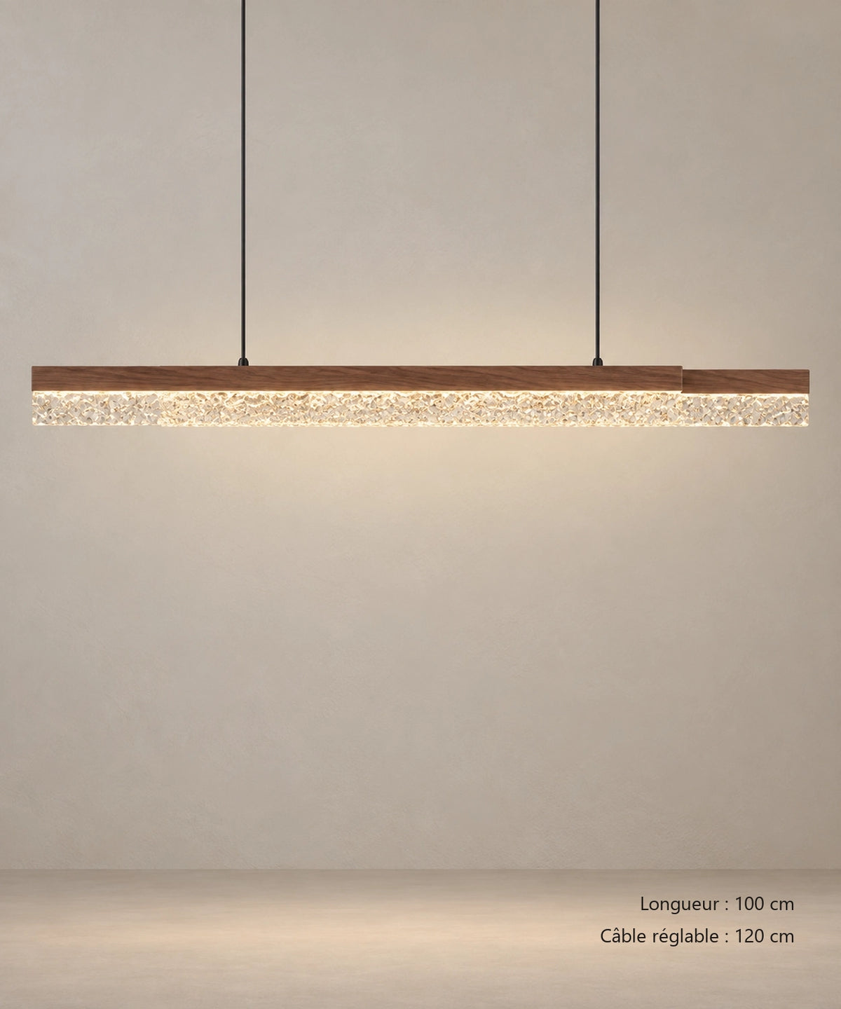 Suspension linéaire marron aspect bois de face, avec dimensions inscrites en bas