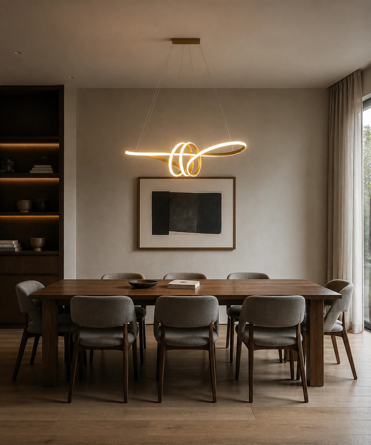Suspension LED ruban doré de 72 cm à l’échelle au-dessus d’une grande table et de ses chaises