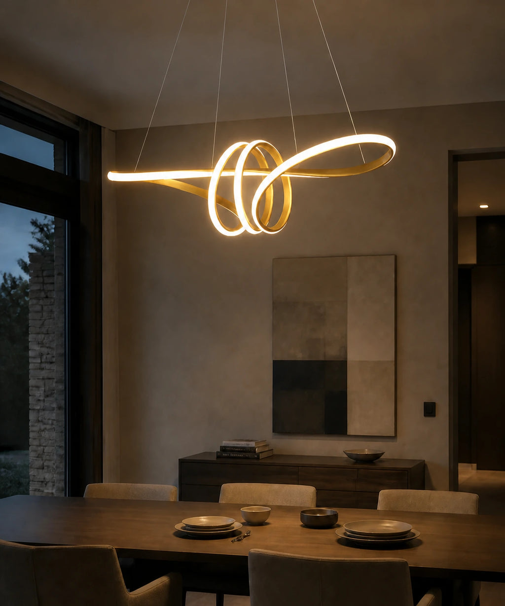 Suspension LED en ruban doré au-dessus d’une table à manger, bande lumineuse continue