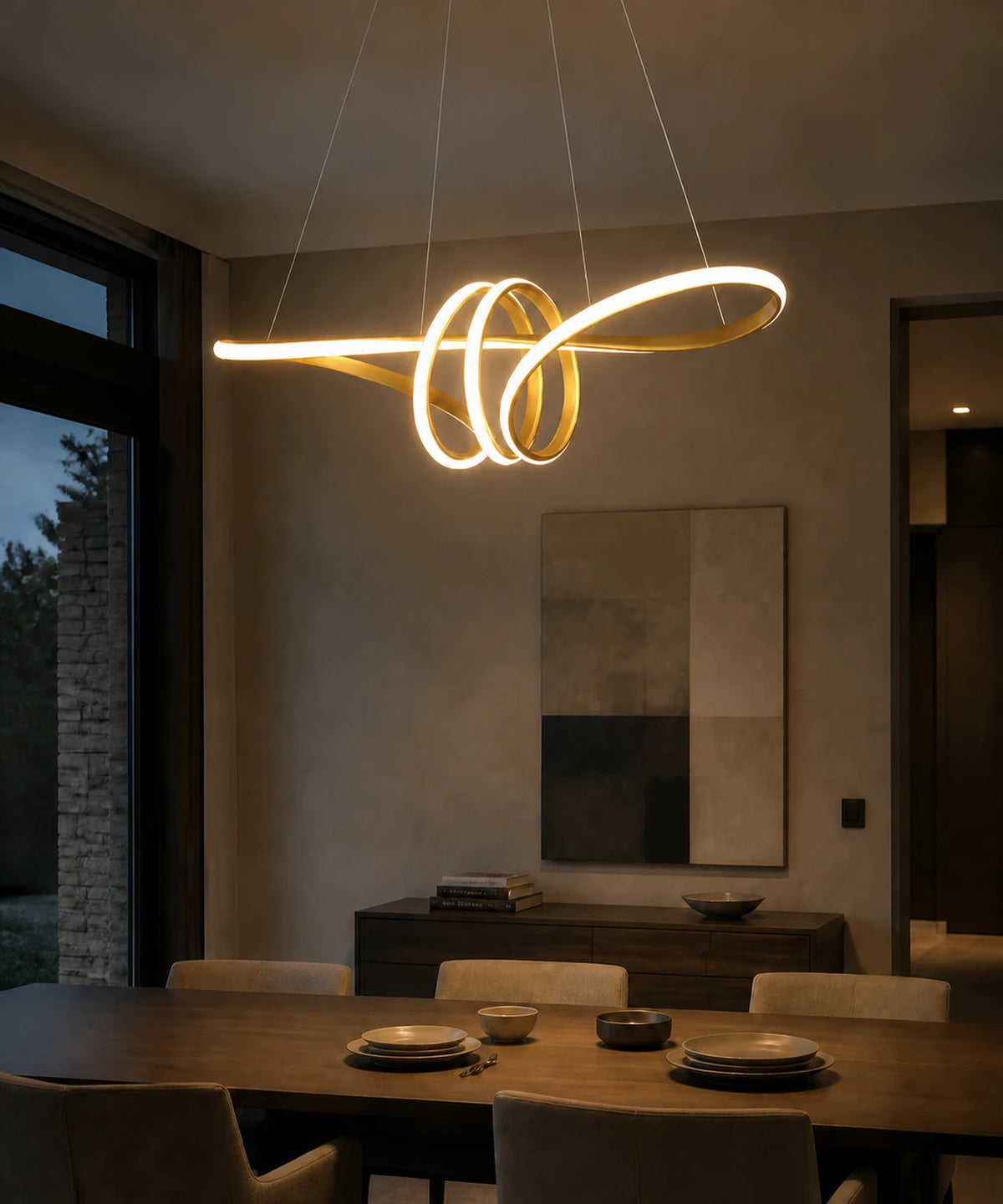 Suspension LED en ruban doré au-dessus d’une table à manger, bande lumineuse continue