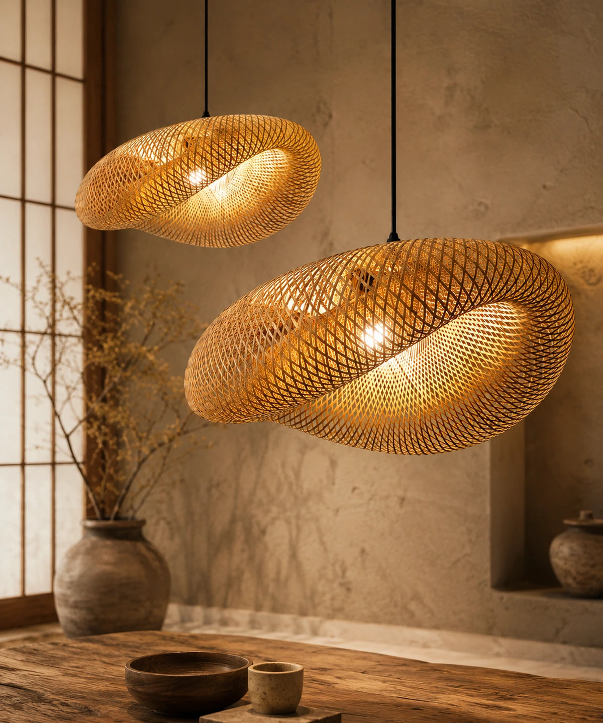 Suspension luminaire bambou tressé en coquille, deux pièces allumées devant un mur enduit